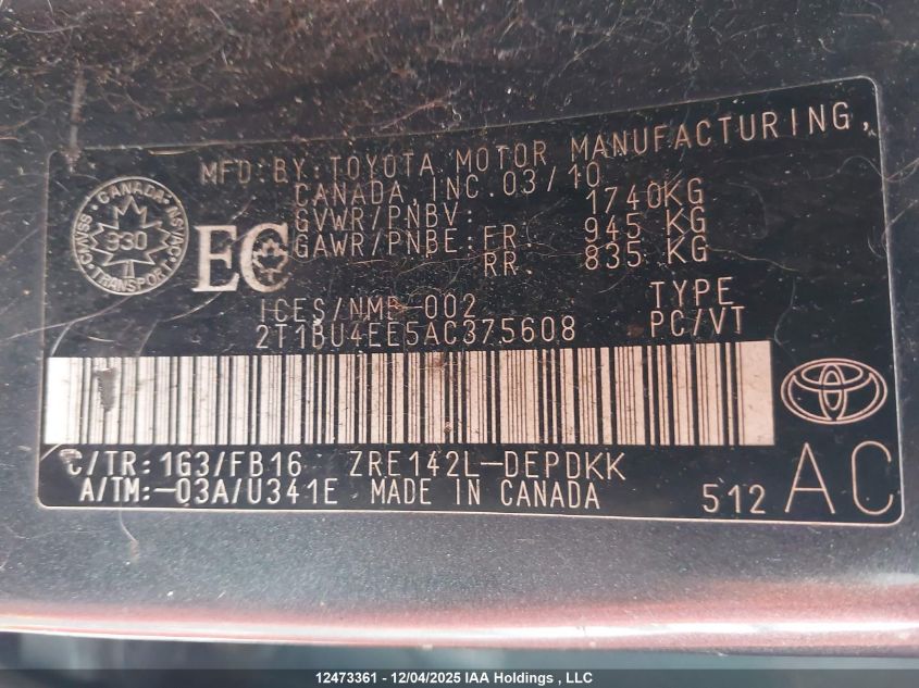 2010 Toyota Corolla S/Le/Xle VIN: 2T1BU4EE5AC375608 Lot: 12473361