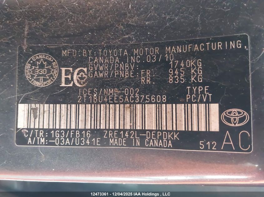 2010 Toyota Corolla S/Le/Xle VIN: 2T1BU4EE5AC375608 Lot: 12473361