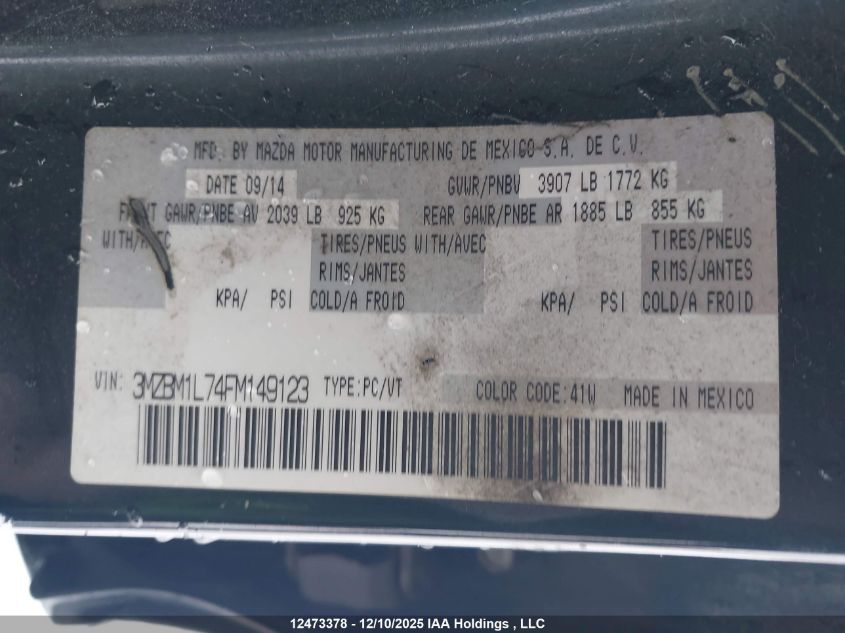 2015 Mazda Mazda3 Gs VIN: 3MZBM1L74FM149123 Lot: 12473378