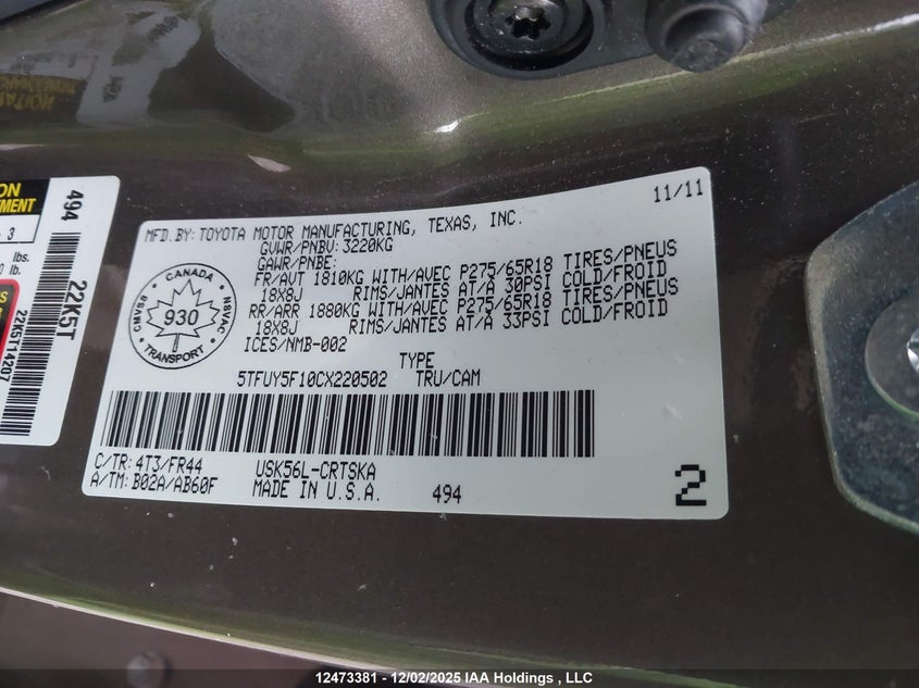 5TFUY5F10CX220502 2012 TOYOTA TUNDRA photo no. 18
