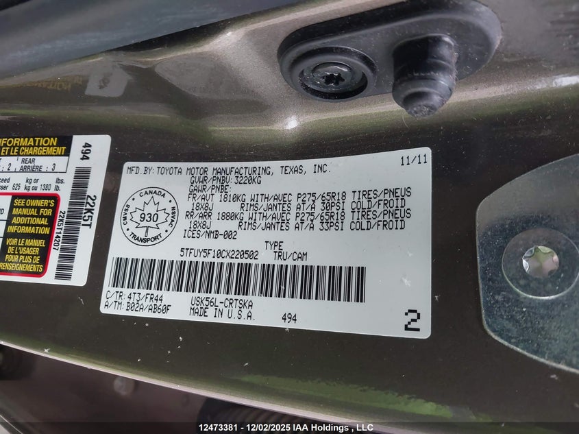 5TFUY5F10CX220502 2012 TOYOTA TUNDRA photo no. 9