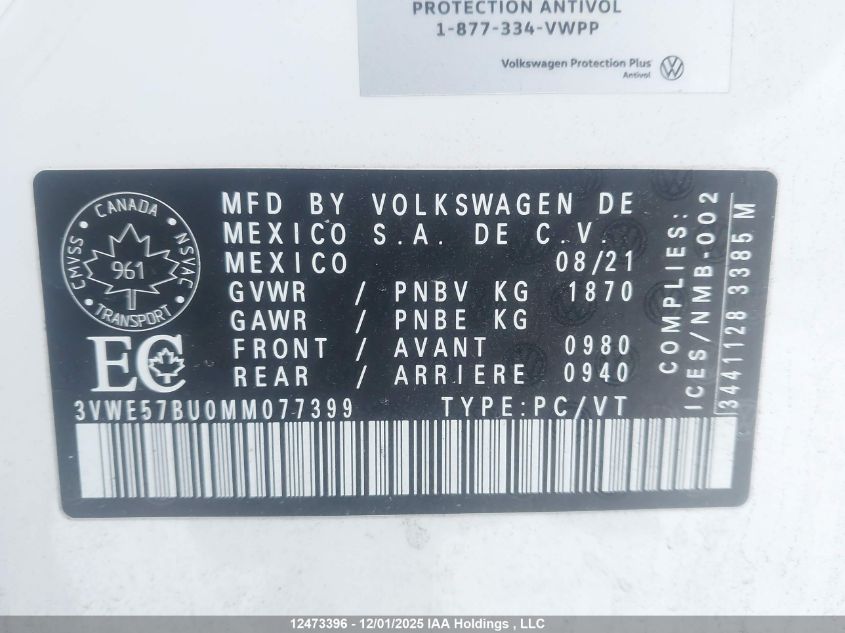 2021 Volkswagen Jetta Sel VIN: 3VWE57BU0MM077399 Lot: 12473396