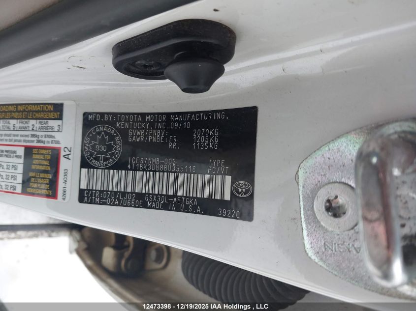 2011 Toyota Avalon VIN: 4T1BK3DB8BU395116 Lot: 12473398