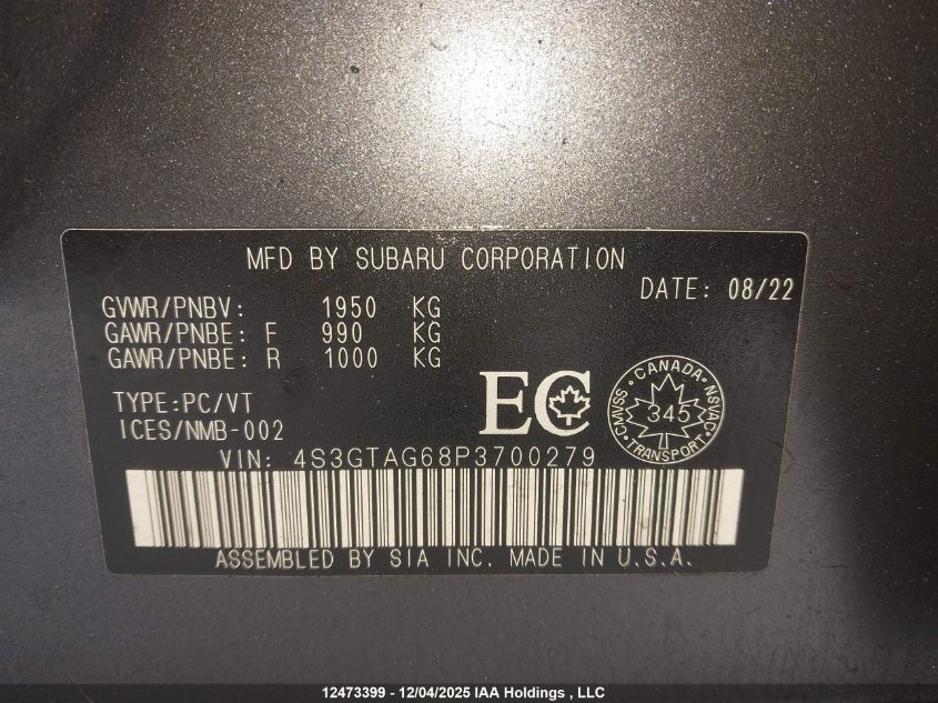 2023 Subaru Impreza VIN: 4S3GTAG68P3700279 Lot: 12473399