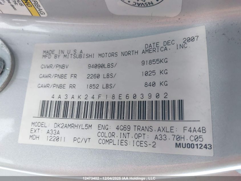 2008 Mitsubishi Eclipse Gs VIN: 4A3AK24F18E603902 Lot: 12473402