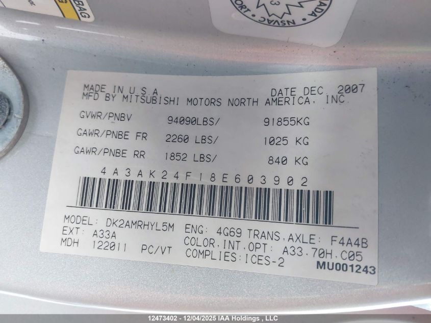 2008 Mitsubishi Eclipse Gs VIN: 4A3AK24F18E603902 Lot: 12473402