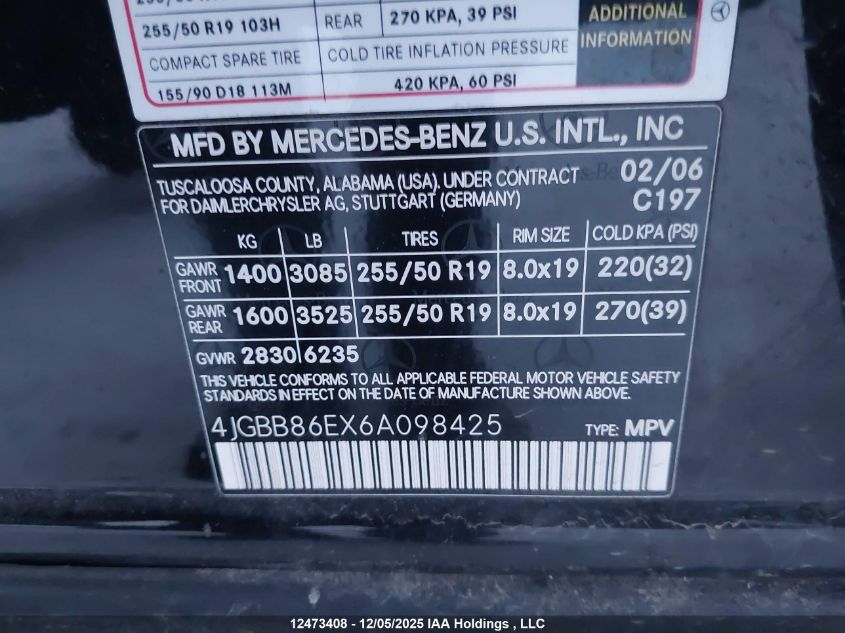 2006 Mercedes-Benz Ml 350 4Matic VIN: 4JGBB86EX6A098425 Lot: 12473408