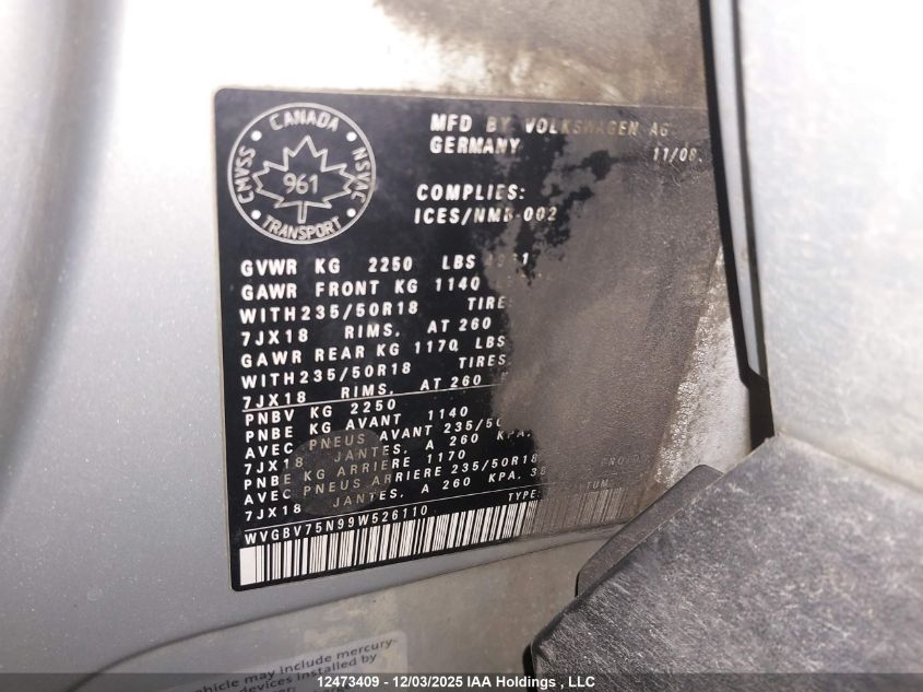 2009 Volkswagen Tiguan VIN: WVGBV75N99W526110 Lot: 12473409