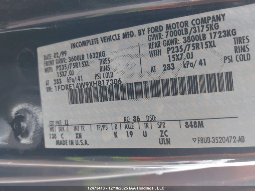 1999 Ford E-150 Commercial/Recreational VIN: 1FDRE14W9XHB17306 Lot: 12473413