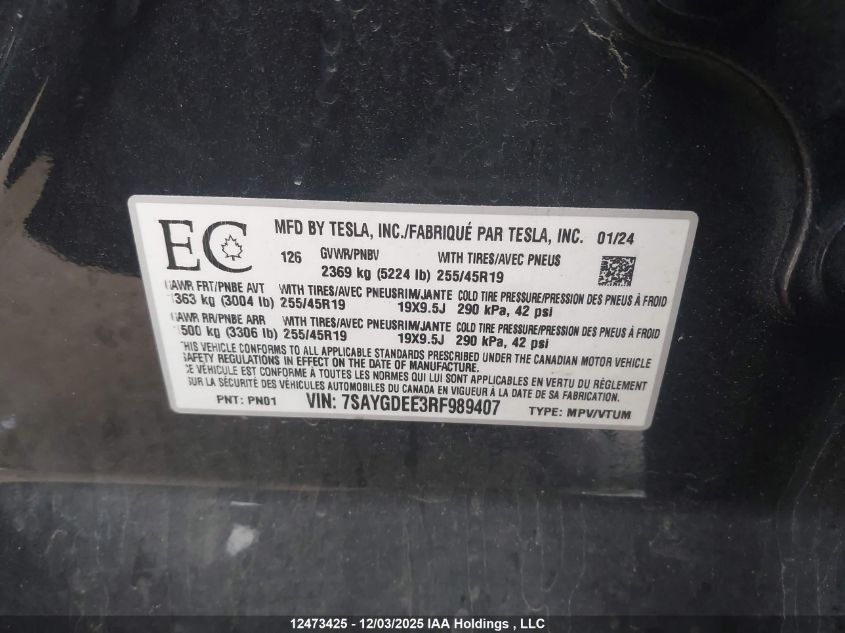 2024 Tesla Model Y Long Range VIN: 7SAYGDEE3RF989407 Lot: 12473425