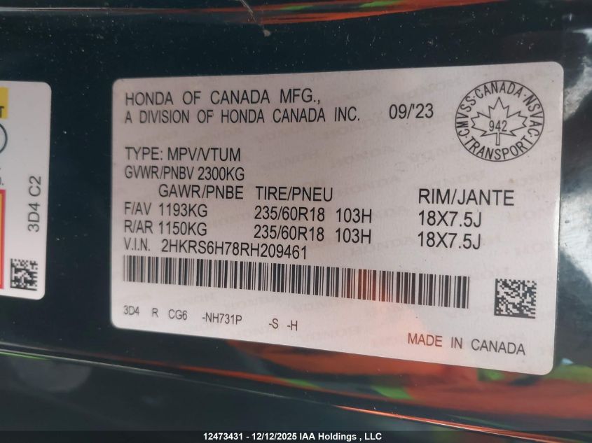 2024 Honda Cr-V Ex-L Hybrid VIN: 2HKRS6H78RH209461 Lot: 12473431