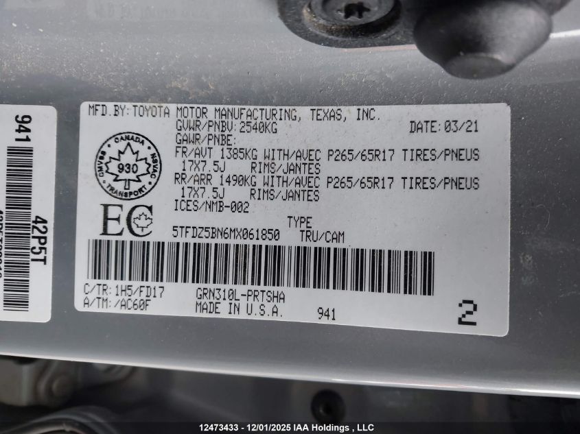 2021 Toyota Tacoma VIN: 5TFDZ5BN6MX061850 Lot: 12473433