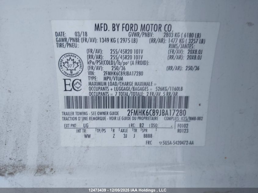 2018 Ford Flex Sel VIN: 2FMHK6C89JBA17280 Lot: 12473439