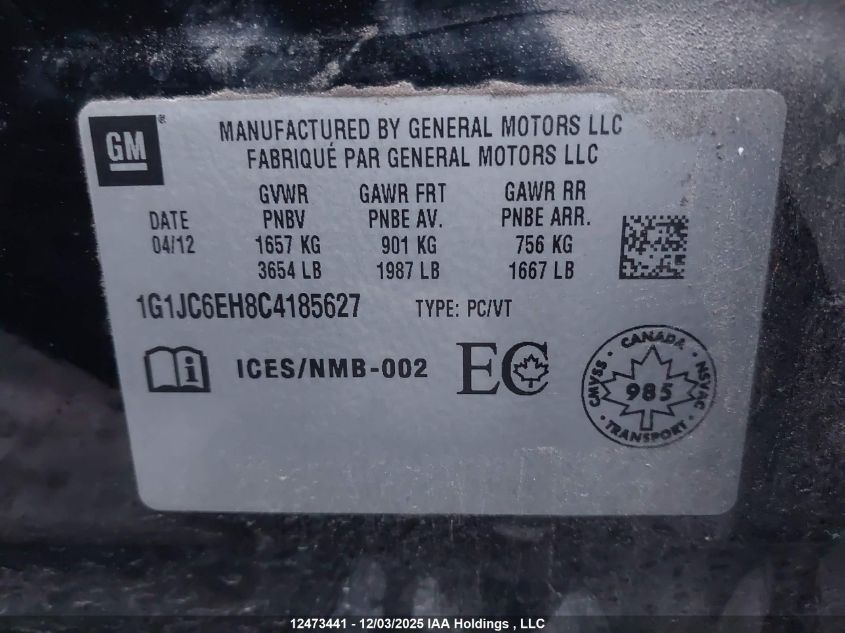 2012 Chevrolet Sonic Lt VIN: 1G1JC6EH8C4185627 Lot: 12473441