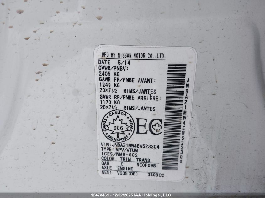 2014 Nissan Murano Platinum/S/Sl/Sv VIN: JN8AZ1MW4EW523304 Lot: 12473451