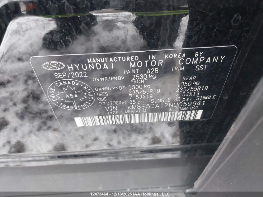 2022 Hyundai Santa Fe Luxury Hybrid Awd VIN: KM8S5DA17NU059941 Lot: 12473464