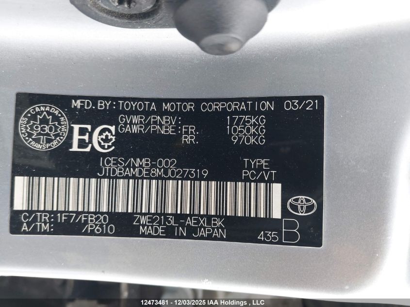 2021 Toyota Corolla Hybrid Base W/Li Battery VIN: JTDBAMDE8MJ027319 Lot: 12473481
