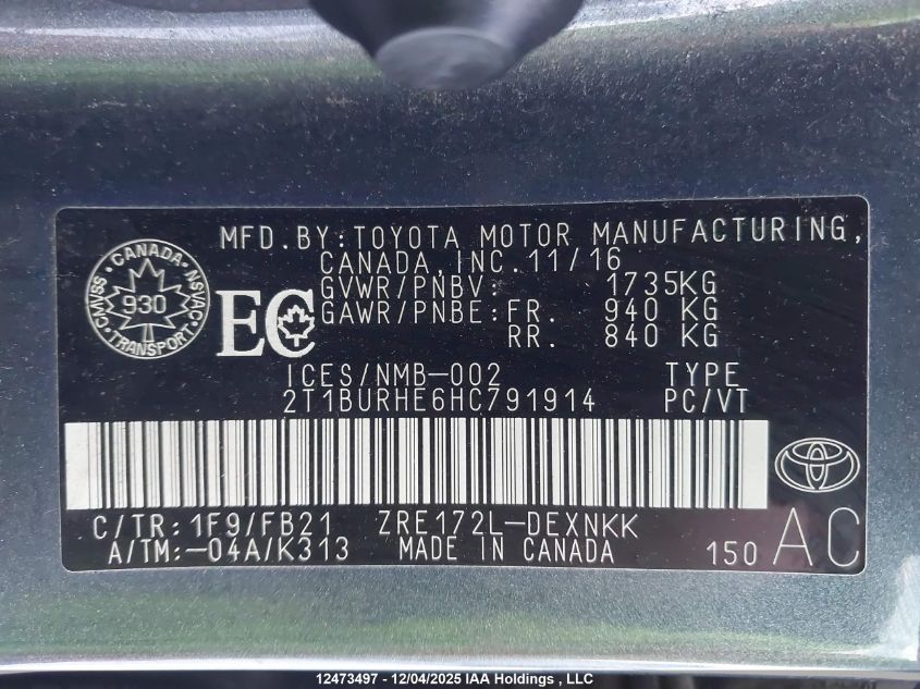 2017 Toyota Corolla L/Le/Xle/Se/Xse VIN: 2T1BURHE6HC791914 Lot: 12473497