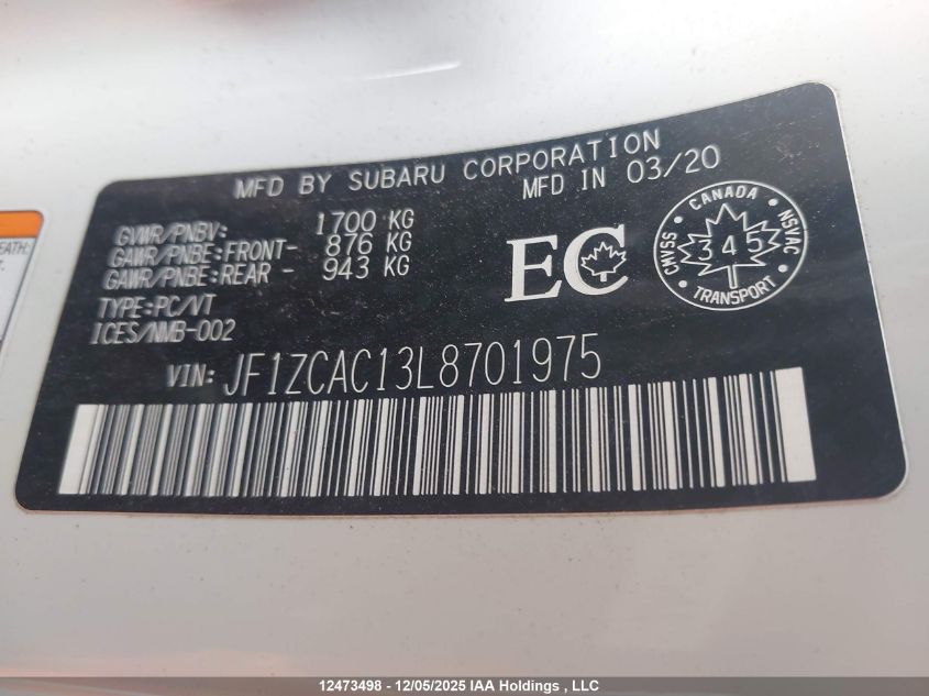 2020 Subaru Brz Limited VIN: JF1ZCAC13L8701975 Lot: 12473498