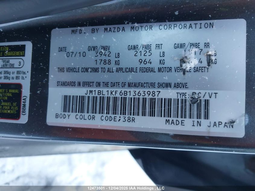 2011 Mazda Mazda3 VIN: JM1BL1KF6B1363987 Lot: 12473501