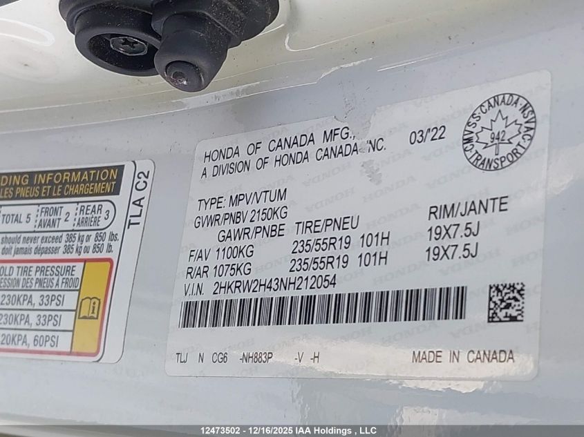 2022 Honda Cr-V Sport VIN: 2HKRW2H43NH212054 Lot: 12473502