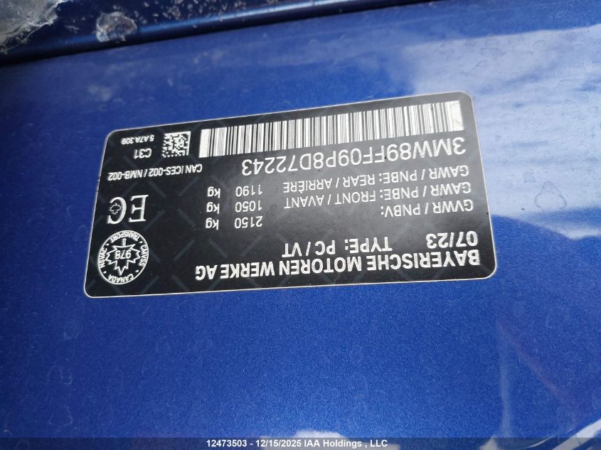 2023 BMW 330I xDrive VIN: 3MW89FF09P8D72243 Lot: 12473503