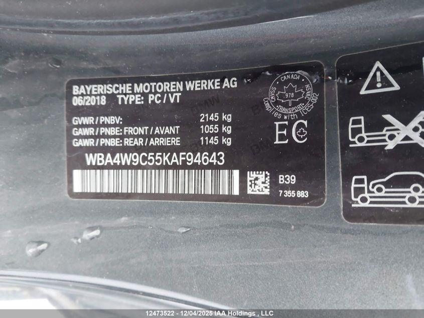 2019 BMW 440I xDrive VIN: WBA4W9C55KAF94643 Lot: 12473522