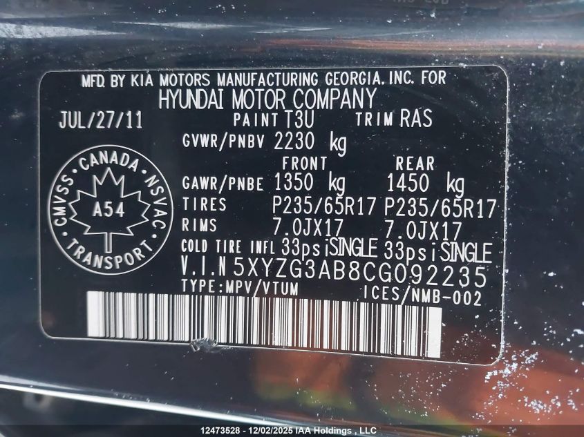 2012 Hyundai Santa Fe Gls VIN: 5XYZG3AB8CG092235 Lot: 12473528