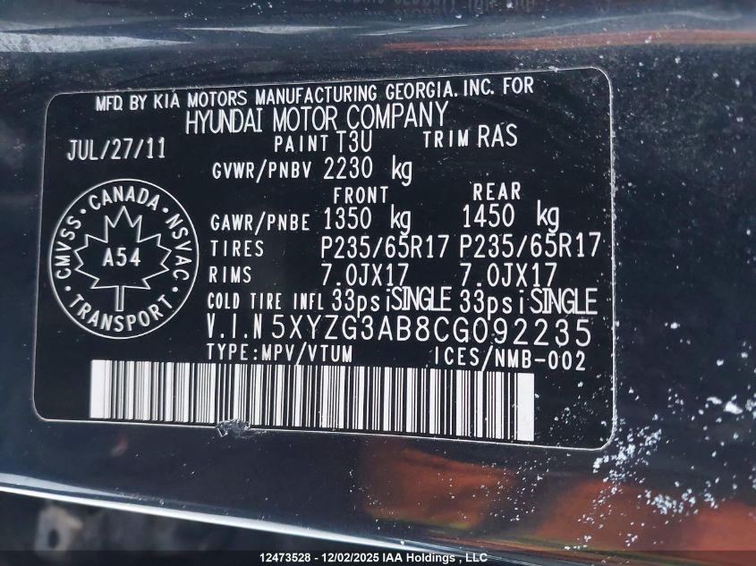 2012 Hyundai Santa Fe Gls VIN: 5XYZG3AB8CG092235 Lot: 12473528