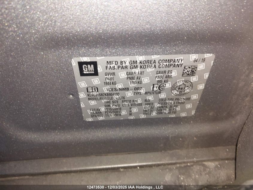 2019 Buick Encore Sport Touring VIN: KL4CJ1SB2KB904190 Lot: 12473530