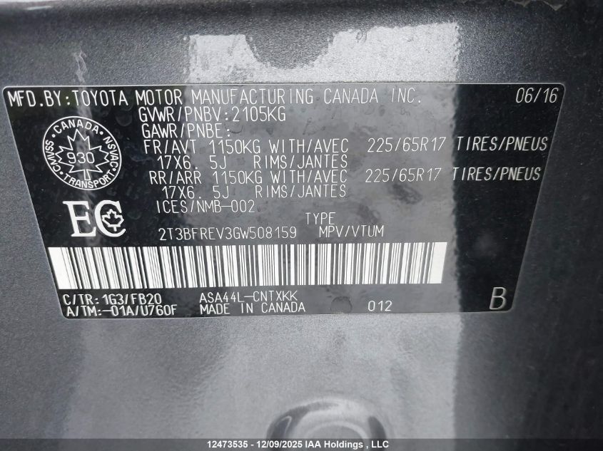 2016 Toyota Rav4 Le VIN: 2T3BFREV3GW508159 Lot: 12473535