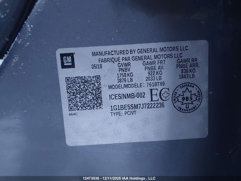 2018 Chevrolet Cruze Lt VIN: 1G1BE5SM7J7222236 Lot: 12473536