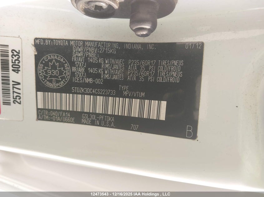 5TDZK3DC4CS223733 2012 TOYOTA SIENNA photo no. 9