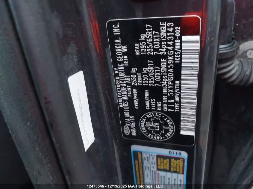 2019 Kia Sorento 2.4L Lx/3.3L Lx VIN: 5XYPGDA59KG443143 Lot: 12473546