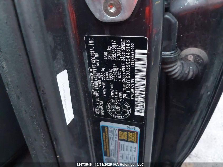 2019 Kia Sorento 2.4L Lx/3.3L Lx VIN: 5XYPGDA59KG443143 Lot: 12473546