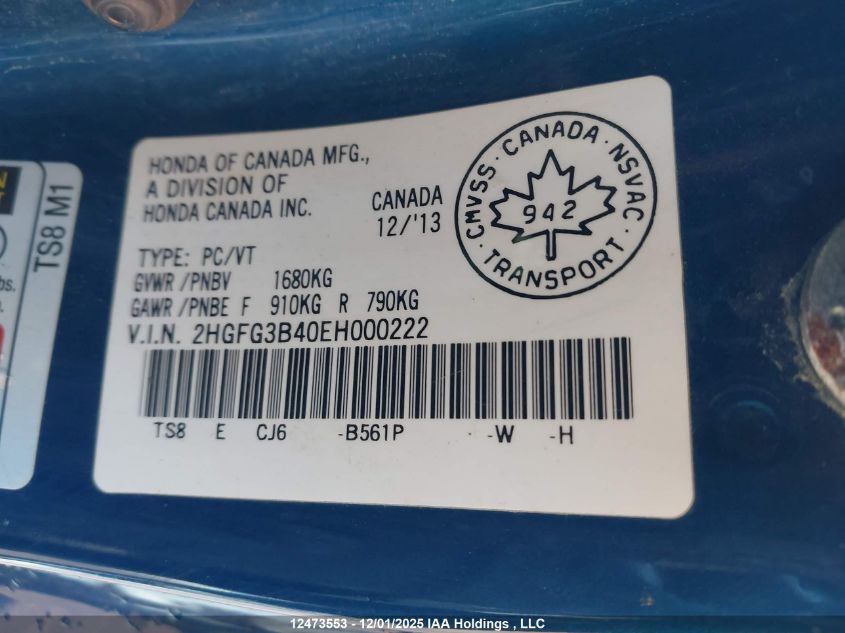 2014 Honda Civic Lx VIN: 2HGFG3B40EH000222 Lot: 12473553