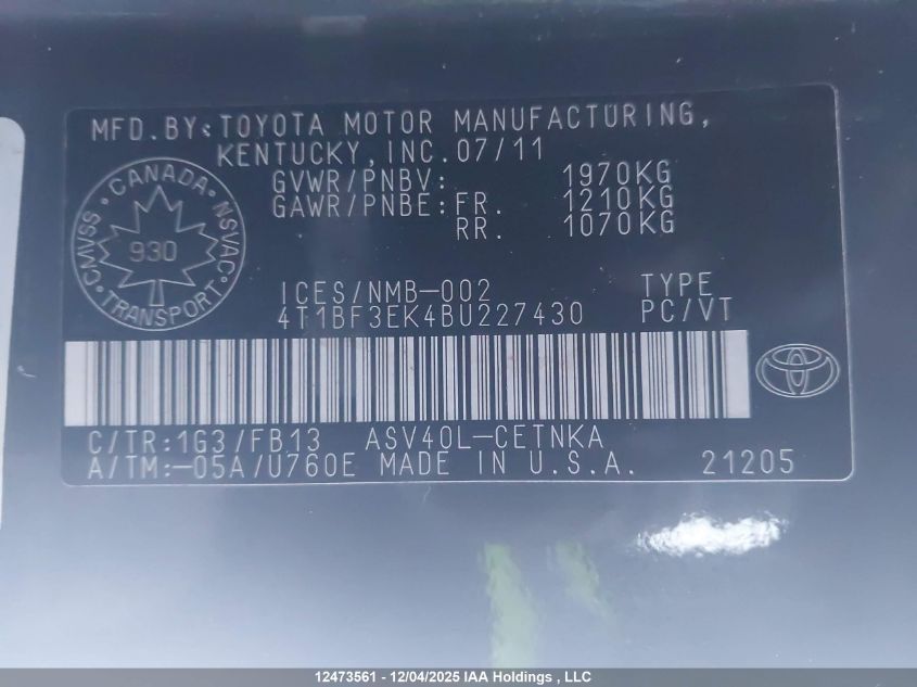 2011 Toyota Camry Se/Le/Xle VIN: 4T1BF3EK4BU227430 Lot: 12473561