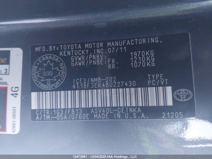 2011 Toyota Camry Se/Le/Xle VIN: 4T1BF3EK4BU227430 Lot: 12473561