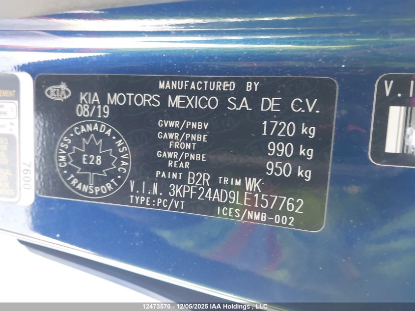 2020 Kia Forte Lx VIN: 3KPF24AD9LE157762 Lot: 12473570