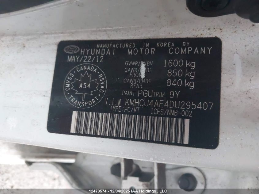 2013 Hyundai Accent Gls/Se VIN: KMHCU4AE4DU295407 Lot: 12473574