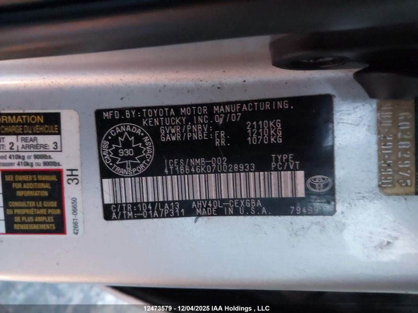 2007 Toyota Camry Hybrid VIN: 4T1BB46K07U028933 Lot: 12473579