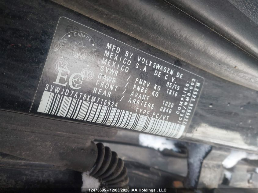 2019 Volkswagen Beetle Wolfsburg Edition VIN: 3VWJD7AT8KM716524 Lot: 12473595