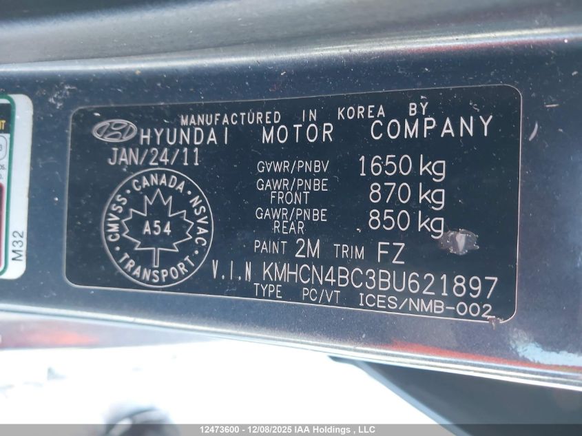 2011 Hyundai Accent Gls VIN: KMHCN4BC3BU621897 Lot: 12473600