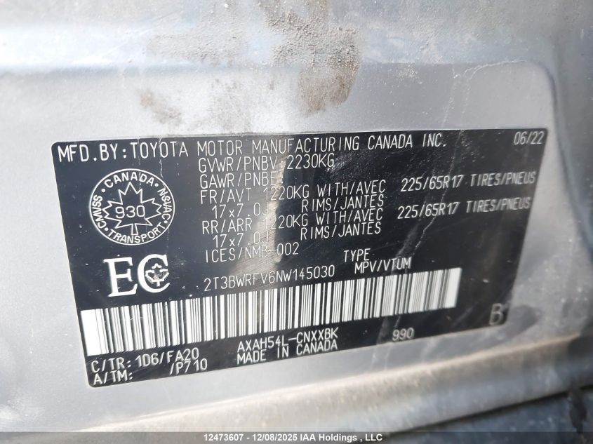 2022 Toyota Rav4 Hybrid Le VIN: 2T3BWRFV6NW145030 Lot: 12473607