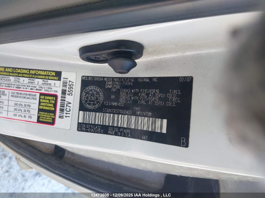 2007 Toyota Sienna Ce 7 Passenger/Ce 8 Passenger/Le 7 Passenger/Le 8 Passenger VIN: 5TDZK23C57S035403 Lot: 12473608