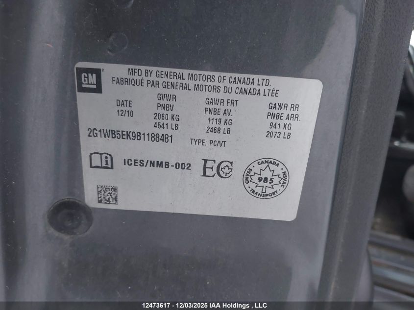 2011 Chevrolet Impala VIN: 2G1WB5EK9B1188481 Lot: 12473617