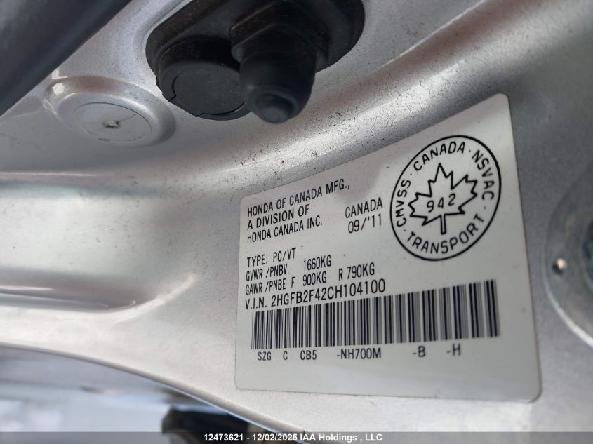 2012 Honda Civic Lx VIN: 2HGFB2F42CH104100 Lot: 12473621