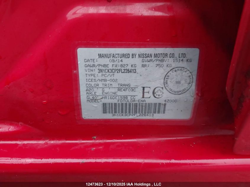 2015 Nissan Micra S/Sr/Sv VIN: 3N1CK3CP2FL226413 Lot: 12473623
