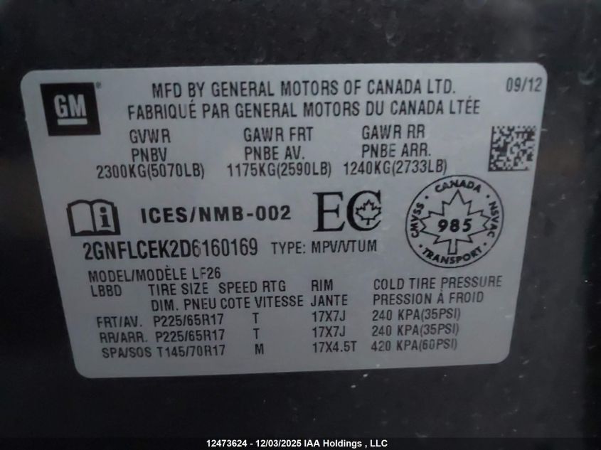 2013 Chevrolet Equinox VIN: 2GNFLCEK2D6160169 Lot: 12473624