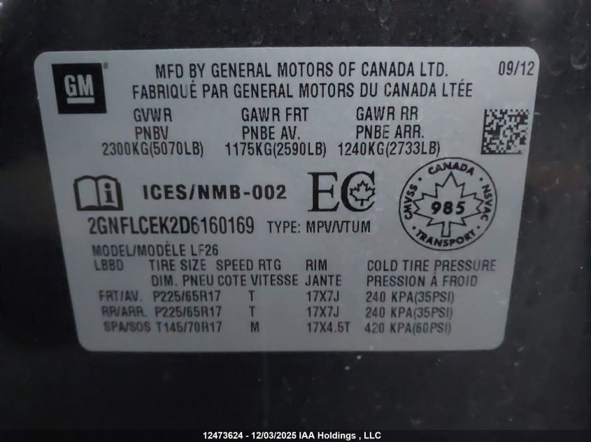 2013 Chevrolet Equinox VIN: 2GNFLCEK2D6160169 Lot: 12473624